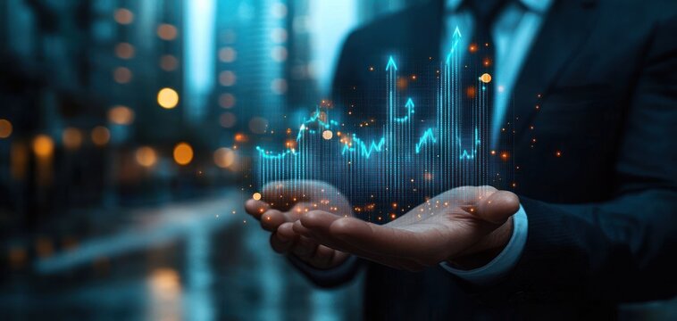 Businessman in suit holding glowing holographic financial chart with rising arrows above cupped hands in a blurred city street, conveying futuristic confidence and growth