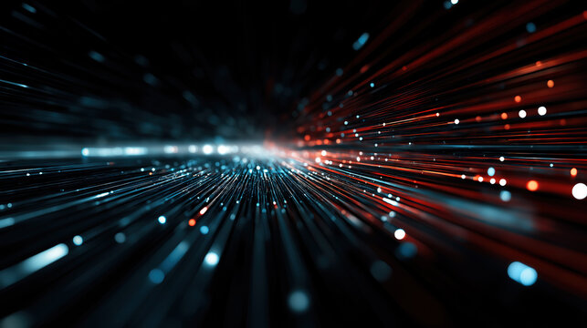 Flowing Blue-White Fiber Optic Lines with Golden Light Spots on Black Background, Tech Abstract Background for Communication Technology and Digital Art Themes