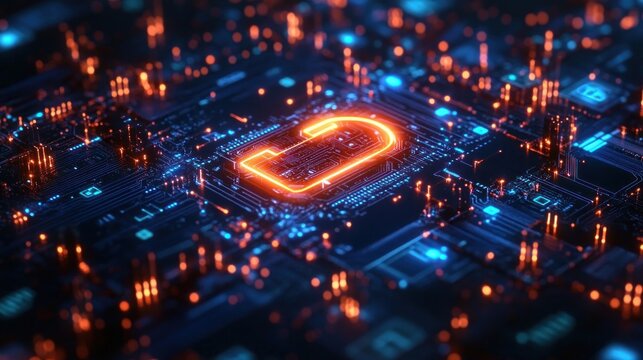 Glowing neon padlock on a futuristic circuit board, symbolizing digital security and high-tech protection - Powered by Adobe