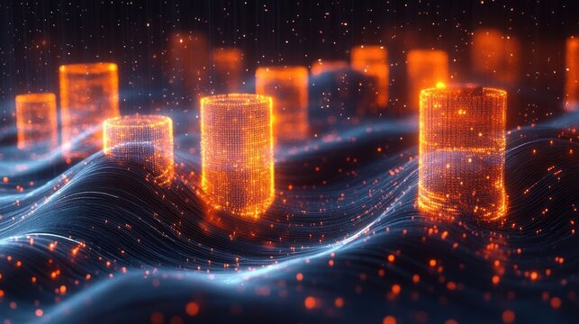 Glowing orange digital cylinders and particles rising from undulating blue data waves, a futuristic and mesmerizing luminous network of dots and flowing lines