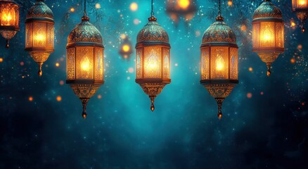 Obraz premium ornate hanging lanterns glowing with warm golden light against a teal starry bokeh background, magical serene festive atmosphere