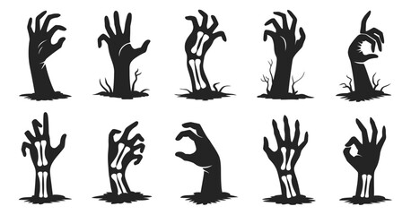 Halloween cemetery zombie hands vector illustration featuring black spooky arms sticking out of the ground, capturing eerie, chilling graveyard horror and creepy night vibes.