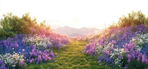 sunlit wildflower meadow path framed by purple and white blooms, green grass and leafy bushes with distant mountains under a golden sunrise, evoking tranquil peacefulness