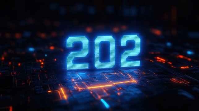glowing blue digital numerals 202 standing on a dark futuristic circuit board with orange neon traces, cinematic high-tech and mysterious mood