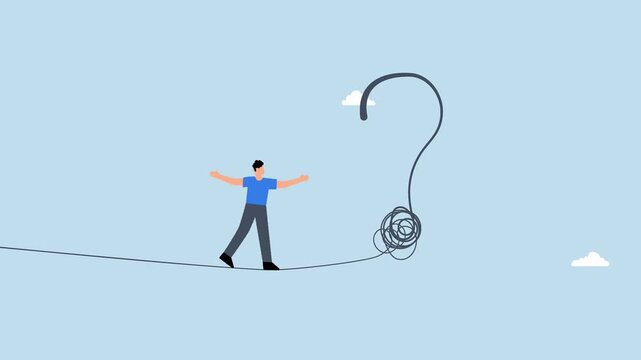 Uncertainty - Uncertainty, 4k animation businessman acrobat rope walking to find question mark.