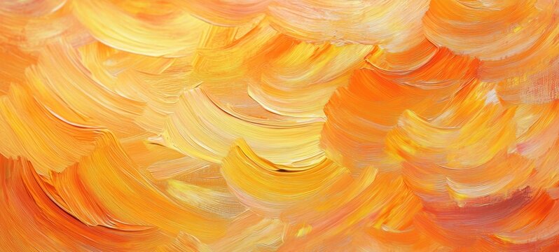 Warm abstract painting of thick swirling brush strokes in orange, yellow and gold with rich impasto texture and a radiant, uplifting joyful energy
