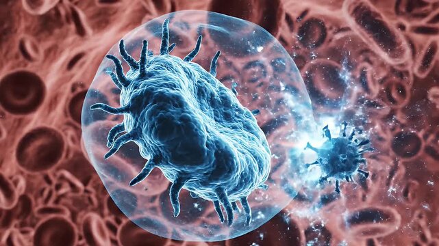 Highly detailed digital illustration of a microscopic organism resembling a mite or parasite within a biological environment, emphasizing scientific accuracy and intricate structures