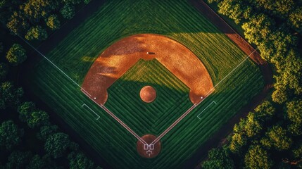 Aerial view of a sunlit baseball diamond with manicured grass, infield dirt, pitcher's mound and bases surrounded by trees, evoking peaceful nostalgia