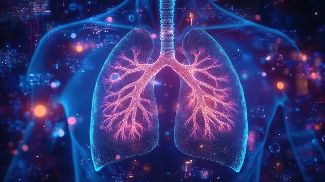 glowing neon human lungs with detailed bronchial tree and trachea amid a futuristic digital network, evoking wonder and medical innovation