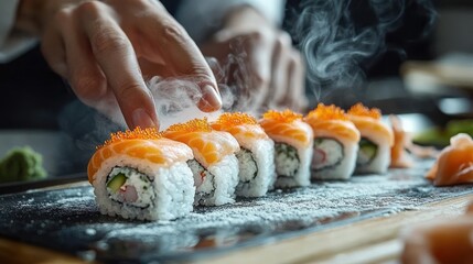 Hand arranging steaming salmon sushi rolls topped with orange roe on a slate board, evoking anticipation and delicate culinary craft
