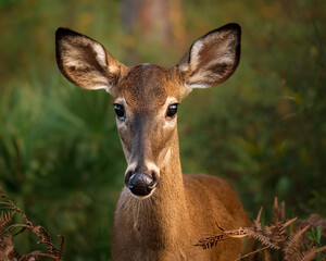 Wild white-tailed deer surrounded by forest vegetation. Detailed wildlife portrait photographed in natural light.