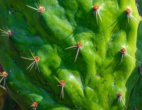 A close-up view capturing the textured surface of a green cactus pad. The spines are sharp and golden. The light creates shadow - Powered by Adobe