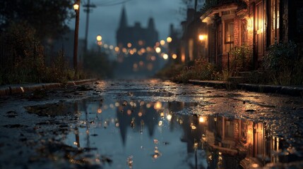 Photorealistic puddle with rain drops on smooth surface, reflecting moody urban light and surroundings, realistic wet street scene with subtle reflections and atmospheric effect