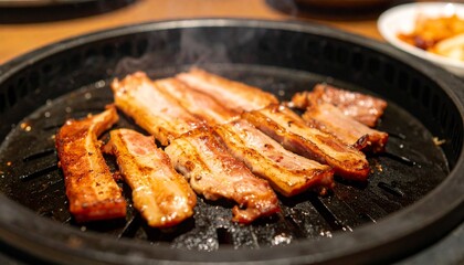 Sizzling strips of pork belly cooking on a hot, round grill, with steam rising.