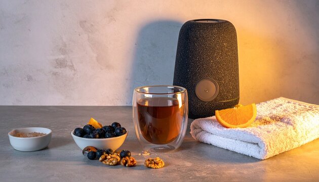 Relaxing tea break with healthy snacks and ambient light for a calming atmosphere