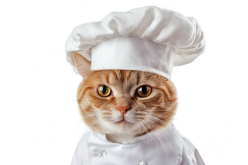 A charming orange tabby cat dressed as a chef. wearing a white chef hat and coat. standing against a clean white background. exuding a playful and whimsical culinary vibe
