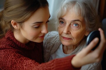 Young woman and elderly woman embracing on a couch in cozy knit sweaters, sharing a warm affectionate moment while taking a selfie together