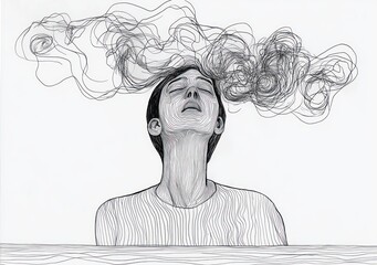 monochrome line drawing of a seated person with elongated neck and wavy striped torso, chaotic swirling cloud of lines above the head suggesting introspective tension and dreamlike unease