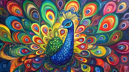 Vibrant and colorful painting of a peacock with its iridescent tail feathers fanned out in a dazzling display of hues.