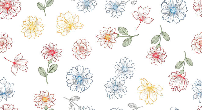 Seamless color doodle pattern, floral style, isolated on white background, playful hand-drawn flowers and leaves, colorful pastel palette