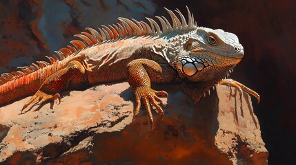 A close-up of an iguana basking in the sun on a rock.