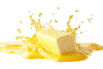 A block of butter splashes into a pool of melted butter. creating dynamic droplets against a clean white background. ideal for culinary themes. cooking blogs. or food photography