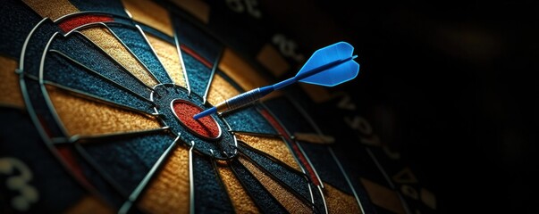 blue dart embedded in red bullseye on textured dartboard with gold and black segments and metal wiring, dramatic lighting evoking precision and triumph