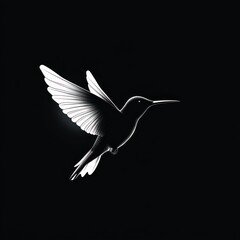 Fototapeta premium Glowing white hummingbird silhouette in flight with outstretched wings on a stark black background, elegant and serene