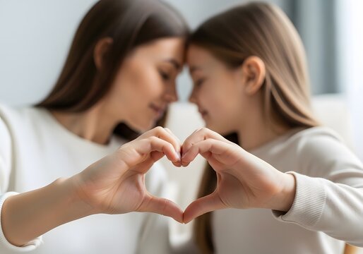 Mother and Daughter Making Heart with Hands Foreheads Touching Love and Family Bond