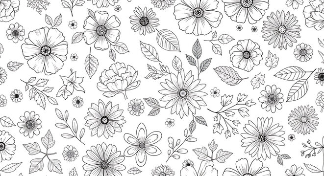 Seamless color doodle pattern, isolated floral style, elegant hand-drawn flowers and leaves, fine line botanical ornaments