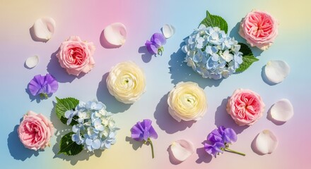 Assortment of delicate pastel-colored blossoms and petals arranged on a softly colored gradient background.