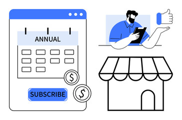 Calendar marked Annual with a subscribe button, coins, user holding tablet, thumbs up gesture, and a storefront. Ideal for e-commerce, subscription models, digital service plans, online payments