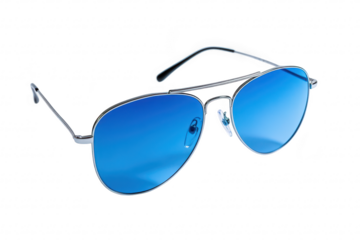 Stylish blue-tinted sunglasses with a sleek metallic frame resting on a clean white surface. their modern design and reflecting light. ideal for fashion or accessory photography
