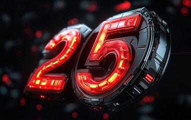 Futuristic metallic number twenty five with glowing red neon tubes and glossy chrome casing floating against a dark bokeh background, energetic and dramatic
