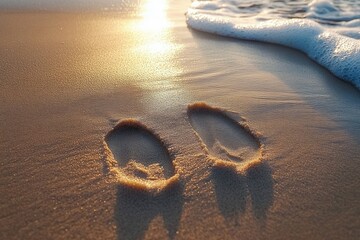 two footprints pressed into wet sand near a foamy shoreline, bathed in warm golden sunlight, evoking peaceful reflective solitude