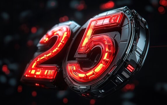 Futuristic metallic number twenty five with glowing red neon tubes and glossy chrome casing floating against a dark bokeh background, energetic and dramatic