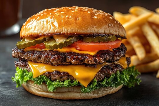 Close-up mouth-watering double cheeseburger with two grilled beef patties, melted cheddar, leafy lettuce, tomato slices, pickles and sesame seed bun with fries in background