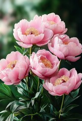 Bouquet of soft pink peonies in bloom with lush green leaves, delicate petals and warm golden centers conveying gentle romantic serenity