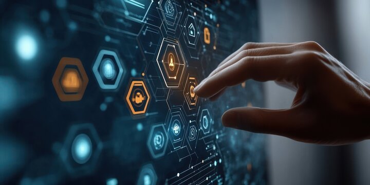 right hand reaching to touch a glowing hexagonal digital interface with blue and orange icons, conveying focus and control