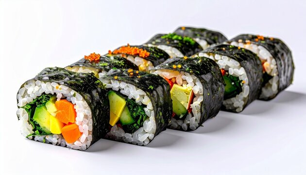 A row of sushi rolls with various fillings, including vegetables, egg, and roe, wrapped in seaweed and rice.
