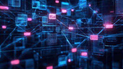 interconnected neon network of glowing wireframe data blocks and pink nodes linked by luminous lines, conveying futuristic digital connectivity and dynamic complexity
