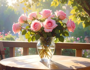 A bouquet of pale pink roses in a clear glass vase sits on a wooden table outdoors. Sunlight streams through