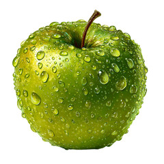 Fresh vibrant green apple covered in glistening water droplets isolated on transparent background