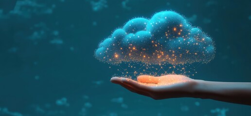Human hand cradling a glowing digital cloud of blue and orange lights with connected nodes and sparkling data links, evoking wonder and futuristic innovation