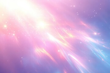Ethereal pastel nebula with radiant light bursts, flowing luminous streaks and twinkling stars evoking a dreamy serene cosmic atmosphere