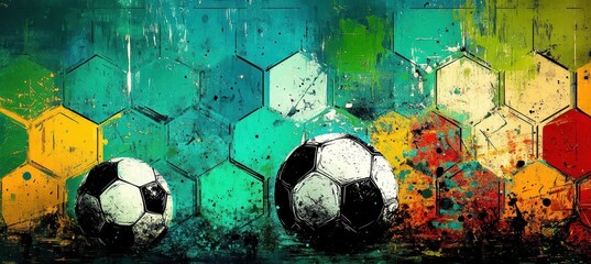 Two worn soccer balls on a vibrant grunge honeycomb background of hexagon tiles, colorful paint splatters and dynamic urban energy