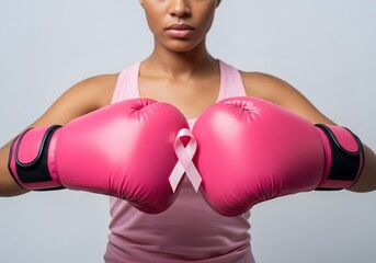 Woman in Pink Boxing Gloves Holding Ribbon for Breast Cancer Awareness and Fight