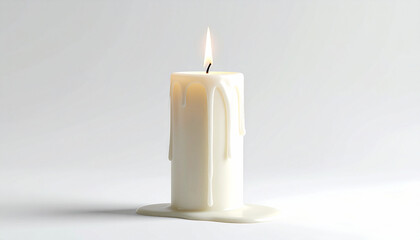 Lit white candle with wax dripping down the sides.