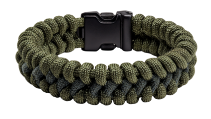 Braided survival paracord bracelet in military green with a buckle isolated on transparent background