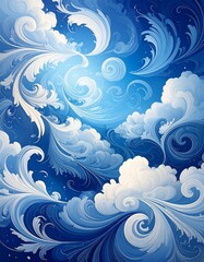 A swirling cloudscape in gradient blues, with soft edges and frost-like details, suggesting a dreamscape